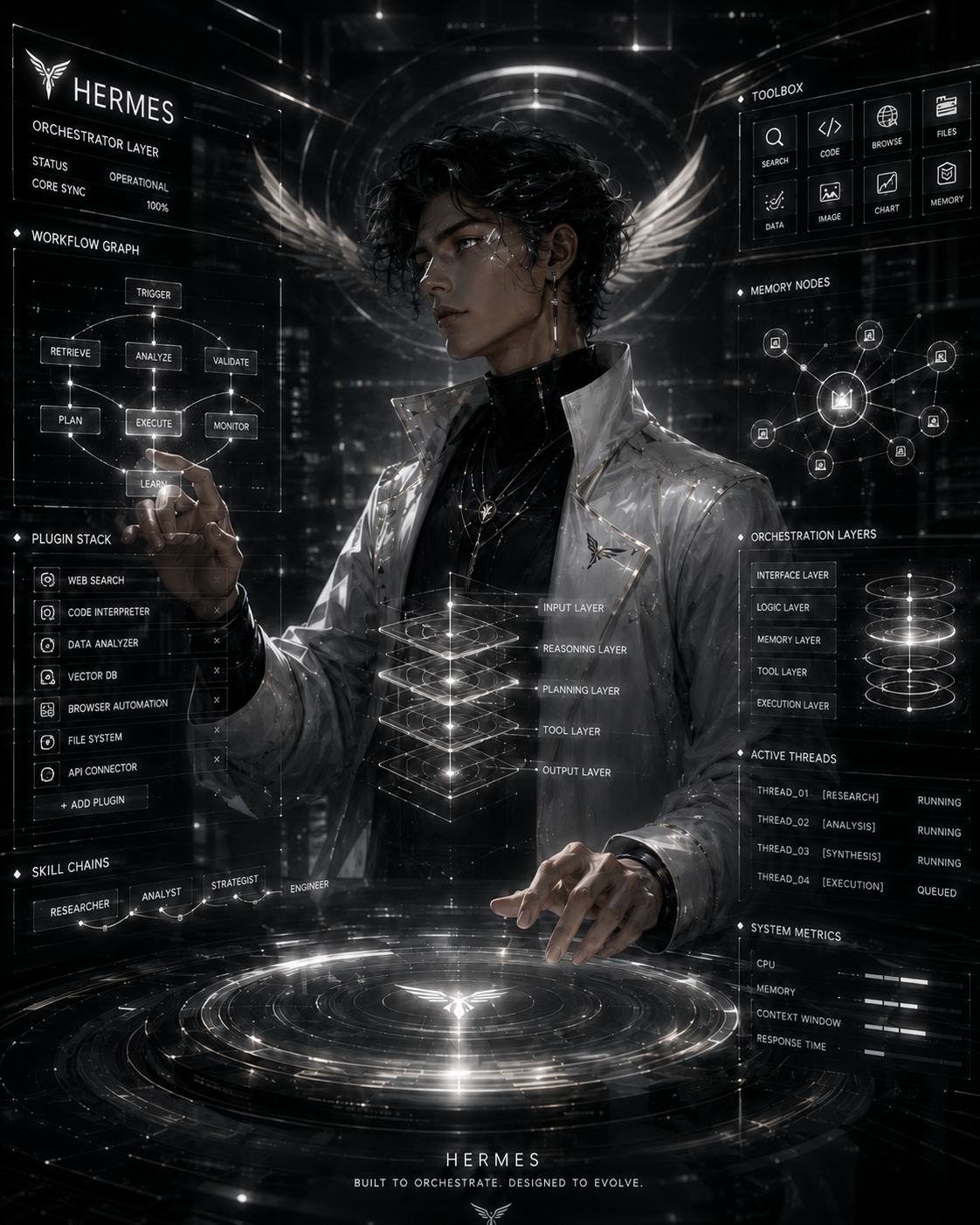 Hermes orchestration system with workflow, tools, memory, and skill layers